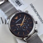 EMPORIO ARMANI Luigi Silver Mesh Black Dial Watch AR 11429
