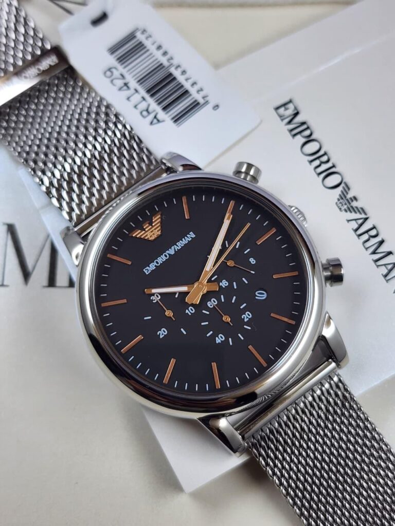 EMPORIO ARMANI Luigi Silver Mesh Black Dial Watch AR 11429