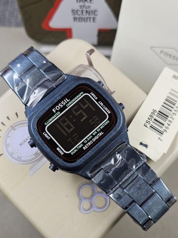 34 Fossil FS5896 Retro Digital Blue Stainless Steel Watch - Image 1