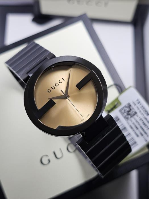28 Gucci Interlocking G Gold Dial Black Stainless Steel Watch YA133209 - Image 1