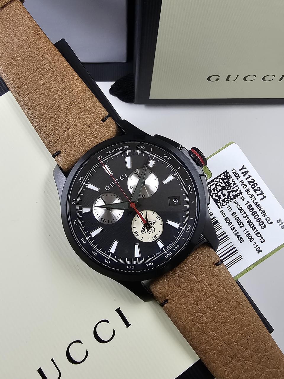 7 Gucci G-Timeless Bee Chronograph Black PVD Leather Strap Men's Watch - Image 1