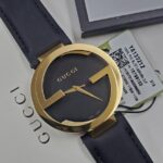 Gucci Interlocking G Gold PVD Black Dial Leather Strap Men's Watch YA133212