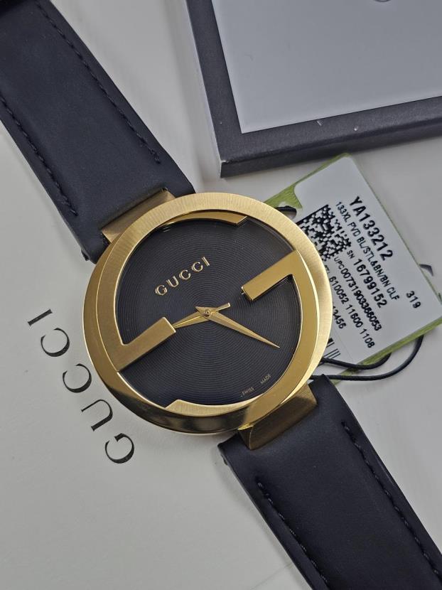 8 Gucci Interlocking G Gold PVD Black Dial Leather Strap Men's Watch YA133212 - Image 1