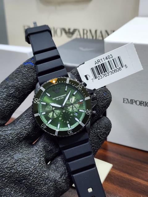 0 Emporio Armani Diver Chronograph Green Dial Black Silicone Strap Men's Watch – AR11463 - Image 1