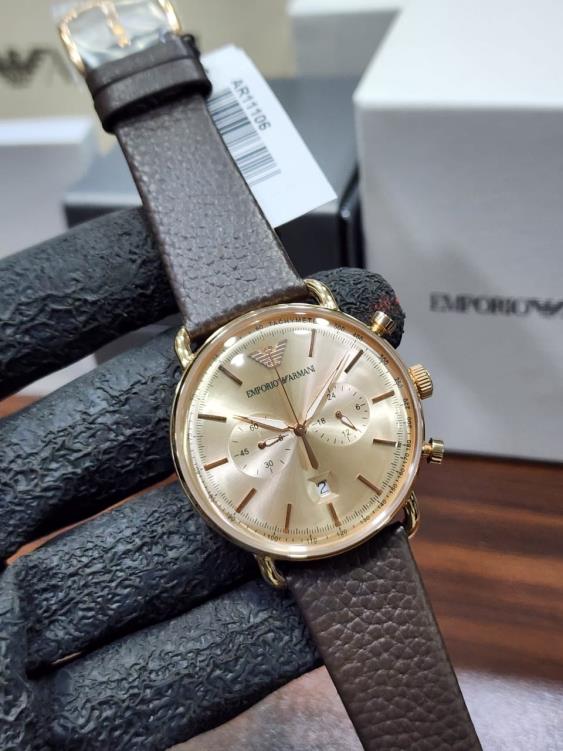 7 Emporio Armani Aviator Chronograph Champagne Dial Brown Leather Strap Men's Watch – AR11106 - Image 1