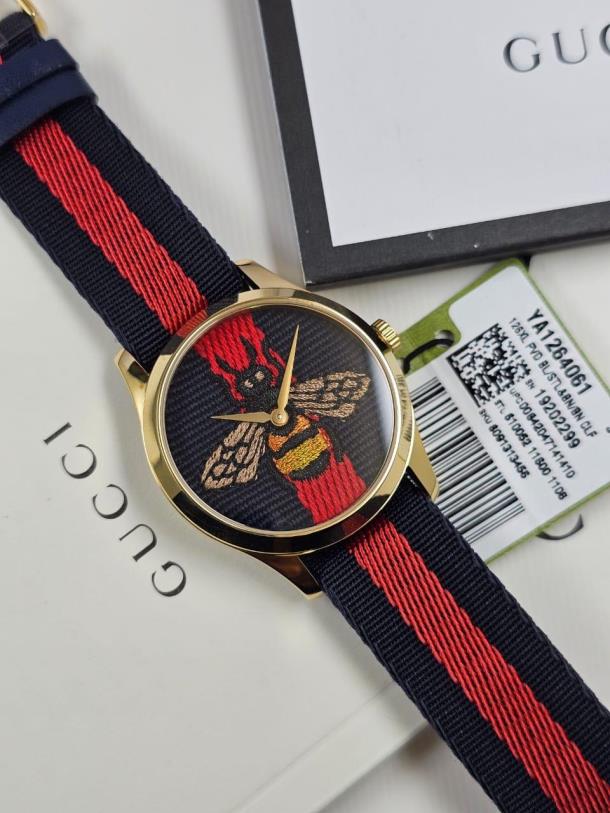 7 Gucci G-Timeless Gold Stainless Steel Quartz Blue/Red with Embroidered Bee Design Dial Navy/Red Nylon Band Women’s Watch YA1264061 - Image 1